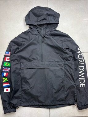 HUF Black Worldwide Flag-Detail Hooded Windbreaker